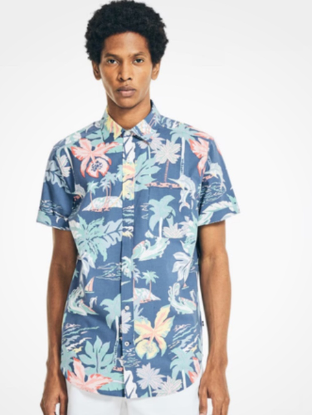 Nautica Cotton Men's Palm and Fish Print Stretch Short Sleeve Button XS Shirt